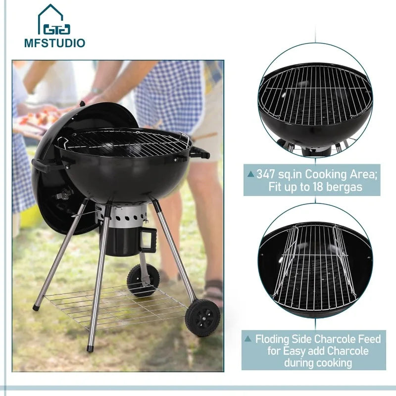 MFSTUDIO 22" Kettle Charcoal BBQ Grill w/Thermometer w/Porcelain-Enameled Lid & Ash Catche