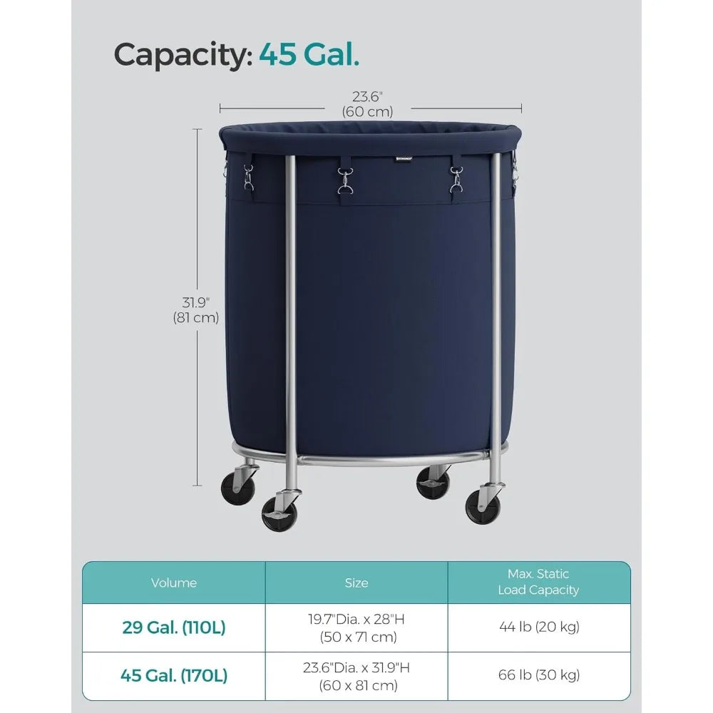 SONGMICS Laundry Basket with Wheels, Rolling Laundry Hamper, 29 Gal w/ Steel Frame and Removable Bag