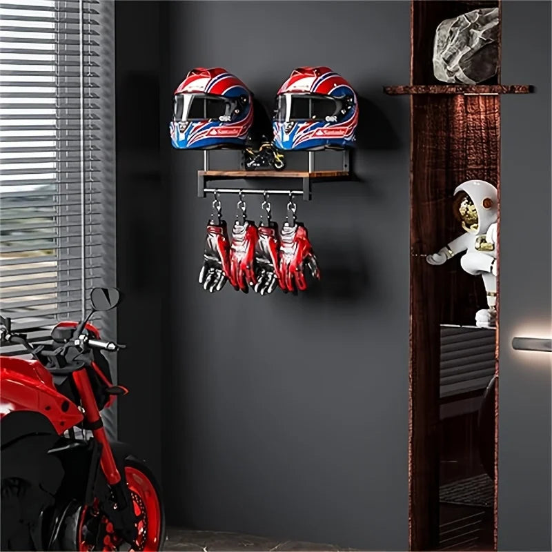 Motorcycle Helmet Wall Mount With Wooden Shelf Hooks Motocross And Bicycle Equipment Sports Brackets