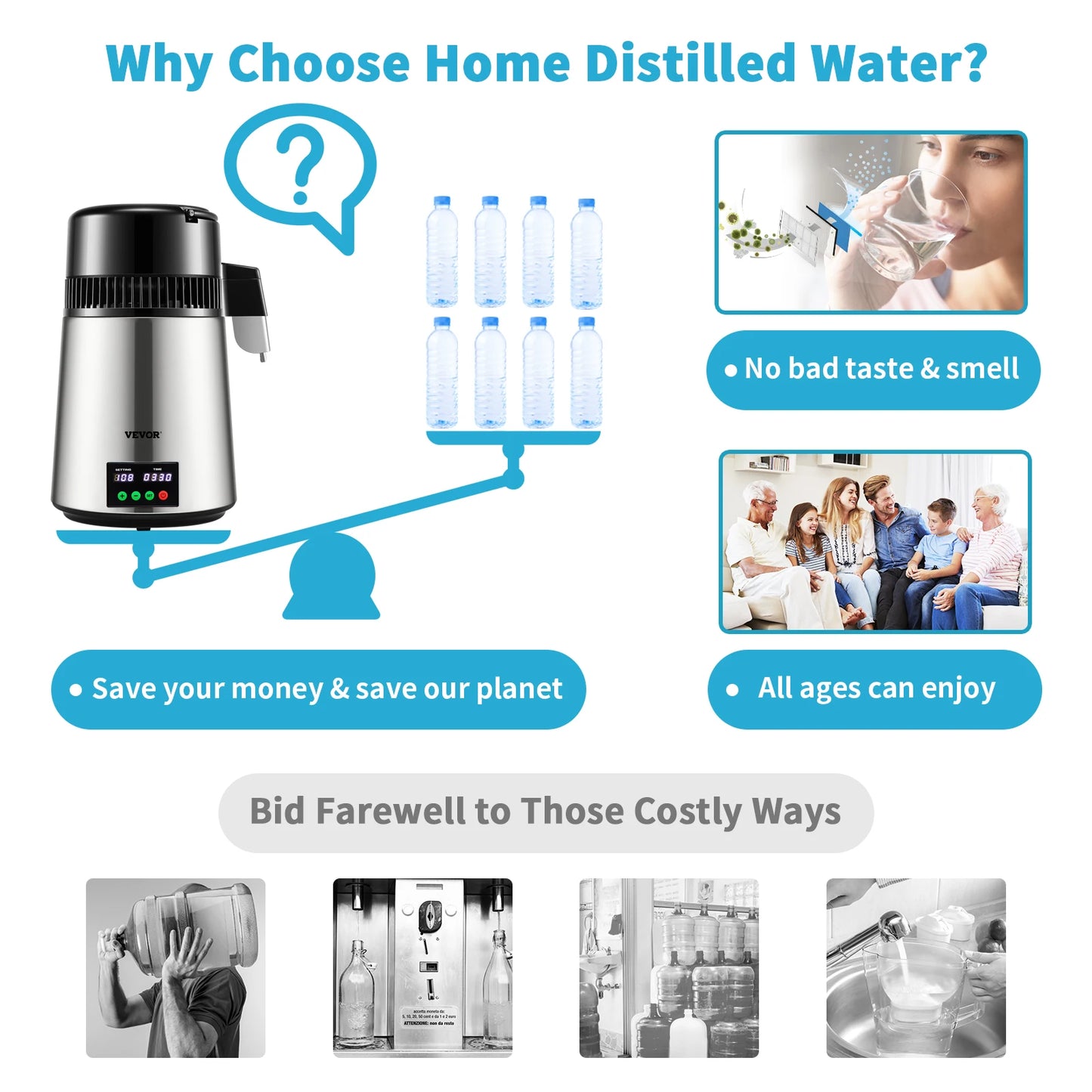 SucceBuy 4L Water Distiller Purifier Filter 1 L/H Distilling Speed Dispenser/Softener Touch Screen
