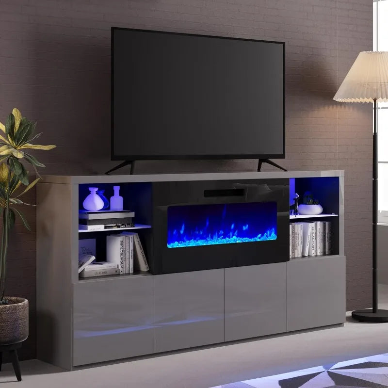 Modern High Gloss 68" Fireplace TV Stand, Entertainment Center & LED Lights for TVs up to 78"