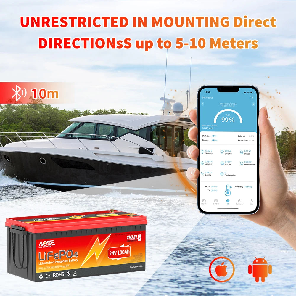 12V 24V LiFePO4 Battery w/Bluetooth 100Ah 140Ah 168Ah Lithium Iron Phosphate Battery Rechargeable