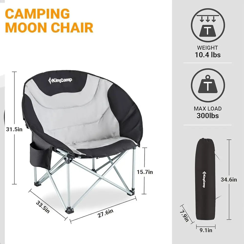 Oversized Cushioned Moon Saucer Folding Camping Chairs with Cup Holders (Black, Set of 2)