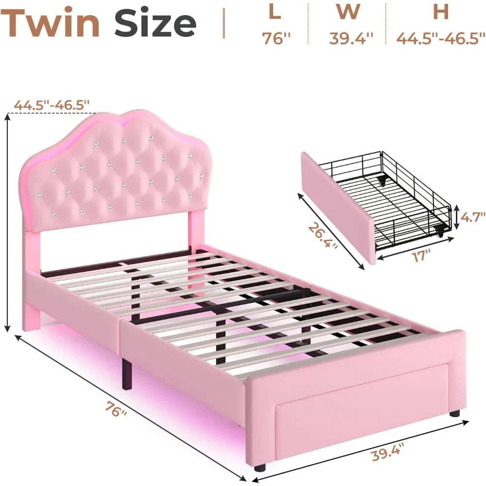 Twin Size Girl Bed with Storage Drawer & LED Lights,Adjustable Headboard with Velvet Crystal Button
