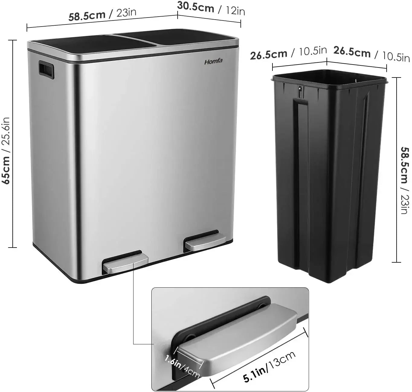 60L/16Gal Hands-Free Dual Compartment Kitchen Step Trash Can/Soft-Close Lid Brushed Stainless Steel