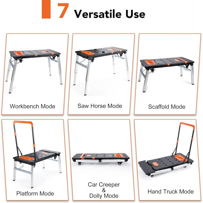 Multifunctional Folding Work Table, Portable Work Benches w/Modes as Workbench, Sawhorse, Scaffold