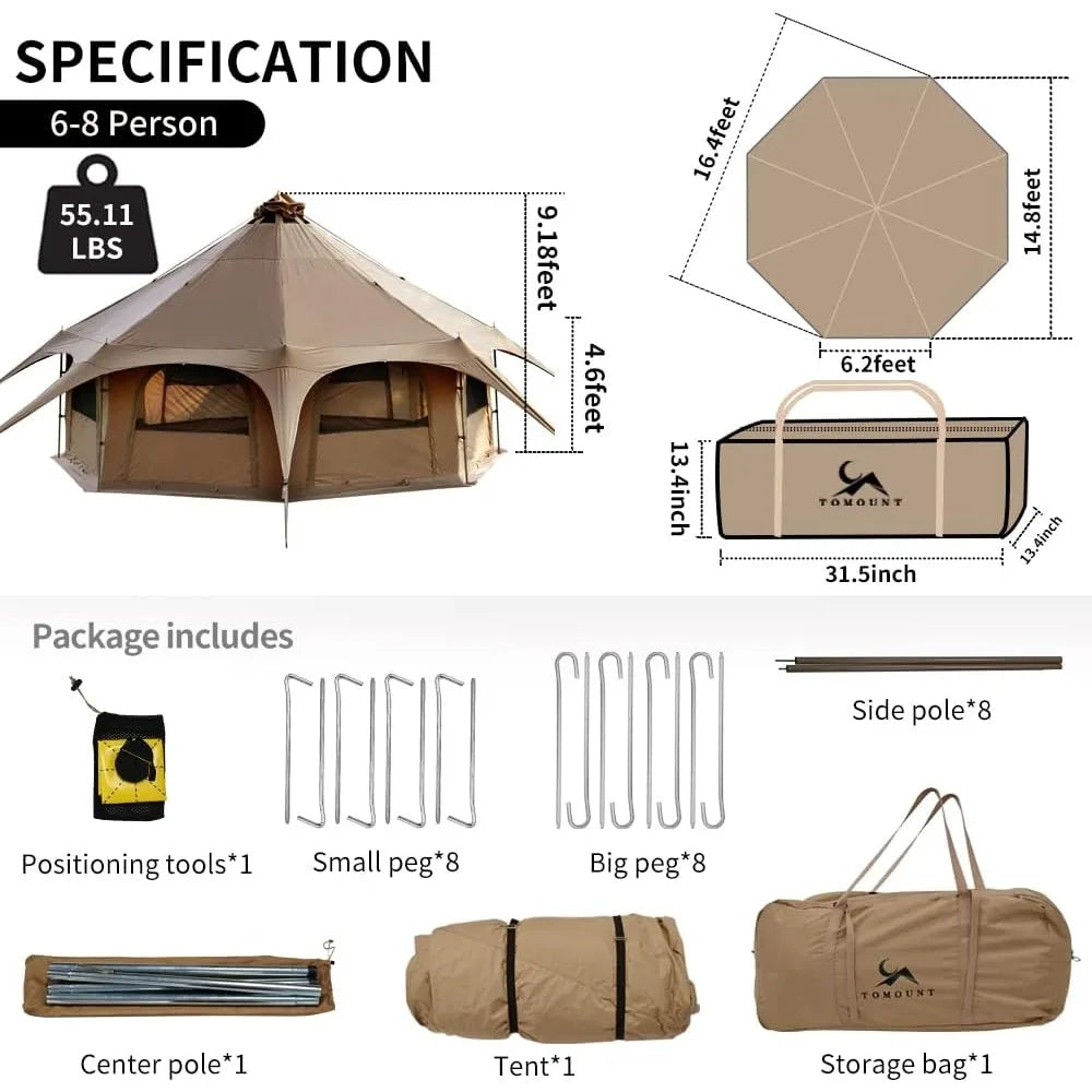 Canvas Bell Tent 16.4ft*High 9.2ft w/Stove Jack/Family Camping Zipped Removable Floor