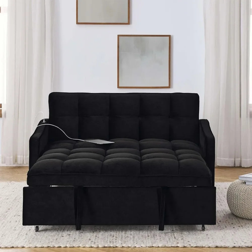 3 in 1 Sleeper Sofa Couch Bed w/USB & Type C Port, 52" Small Modern Loveseat Sofa w/Pull Out Bed