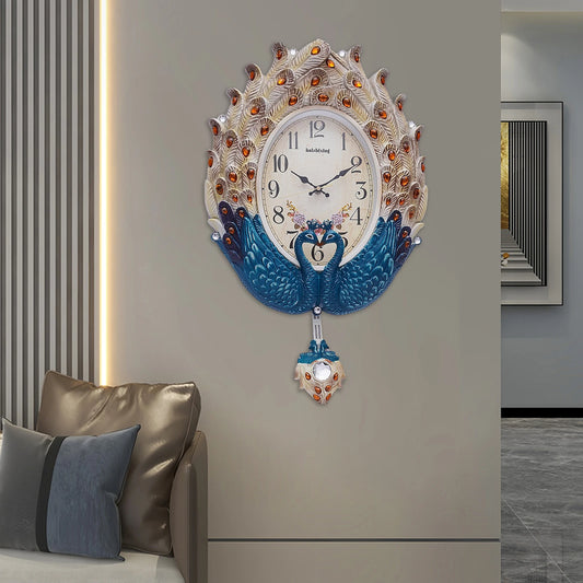 Exquisite Wall-Mounted Pendulum Clock w/Lifelike Animal Feathers, Large Dial, Quartz Movement,