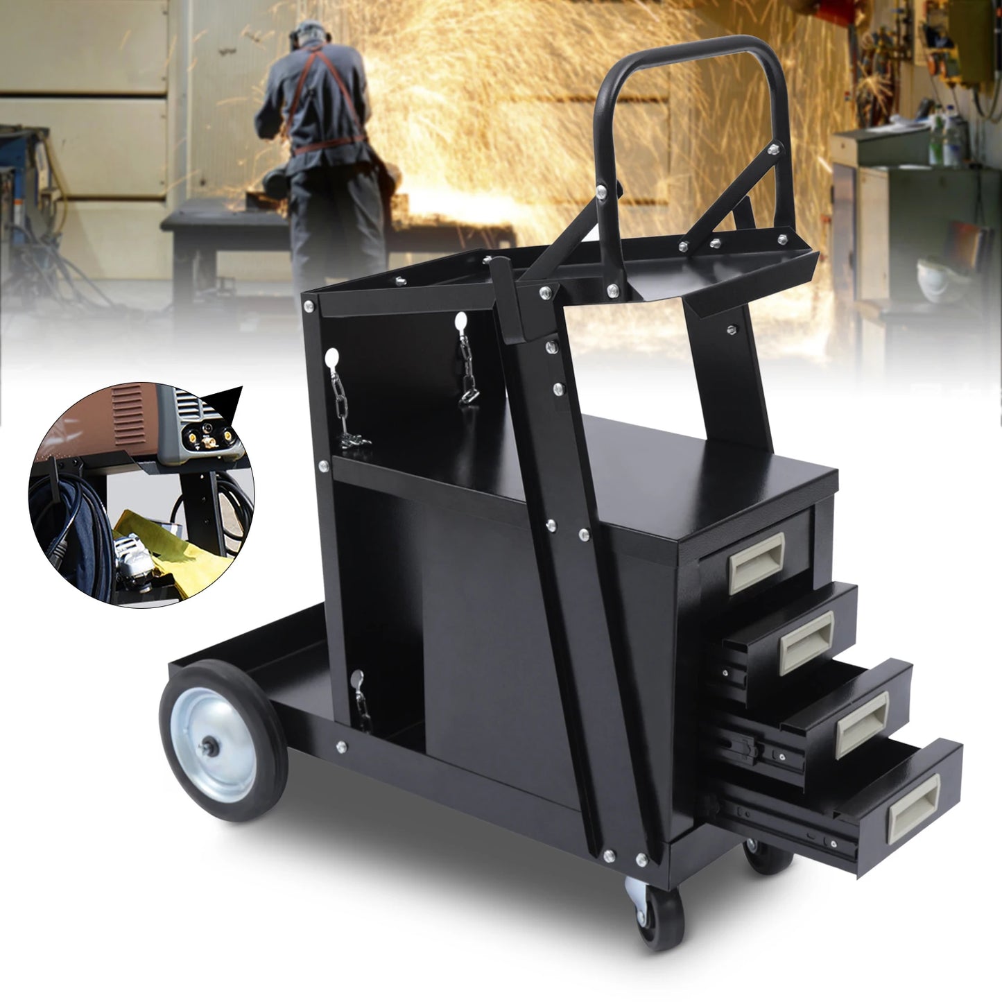 Black Heavy Duty Rolling Welding Cart, With 4 Drawers & Upgraded Wheels & Tank Storage