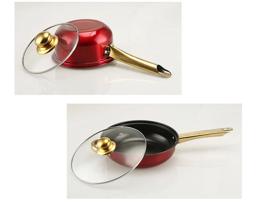 OGMY 12PCS of Stainless Steel Colored Cookware Set Non-stick Pan Gold-plated Handle Soup Pot