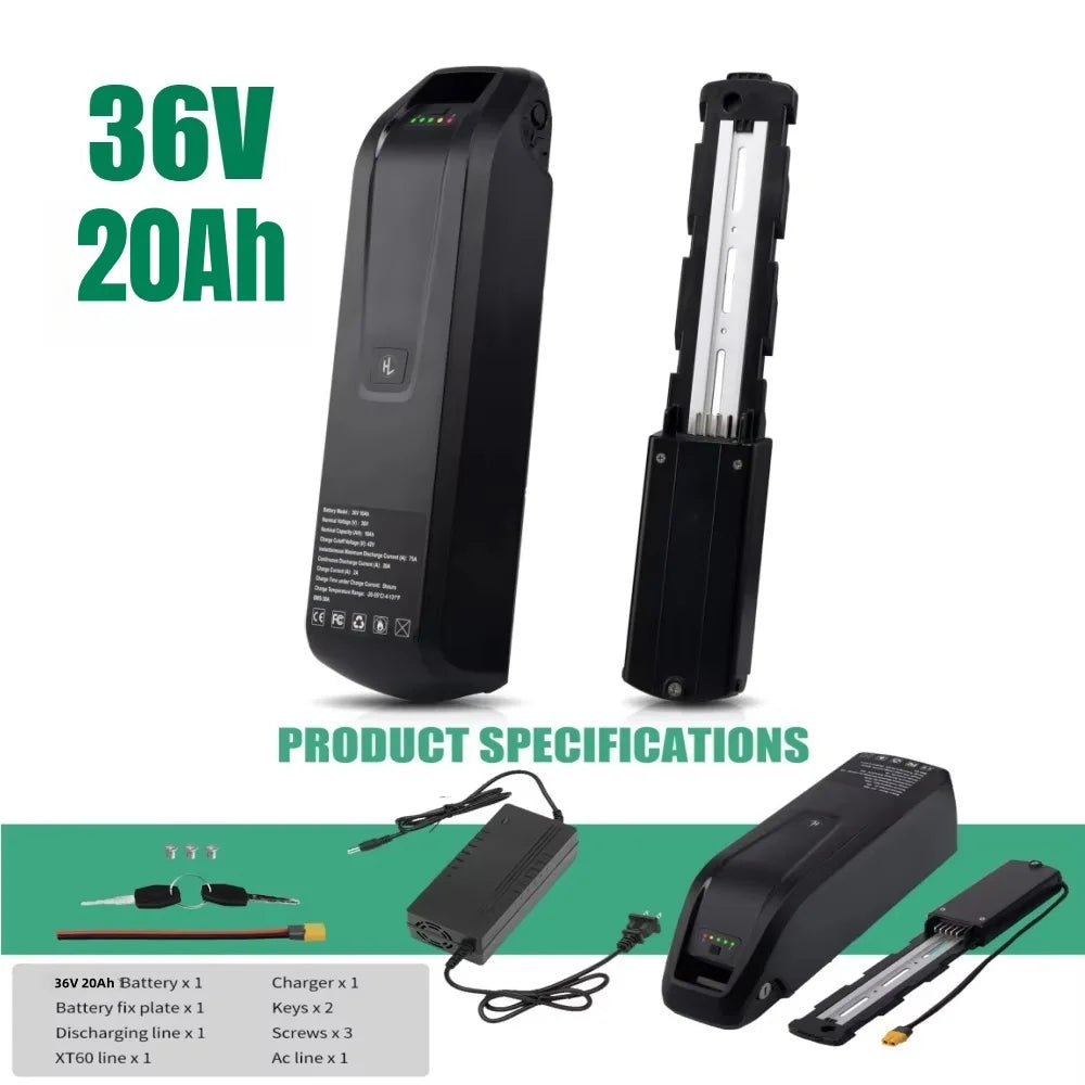 36V 48V Hailong Ebike Battery w/Charger Full Capacity 10Ah 15Ah 20Ah 18650 Lithium Battery Pack