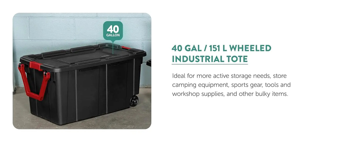 6 Pack Hinged Lid Industrial Totes, 12 Gal Stackable Storage Bins, Black/Red Lid