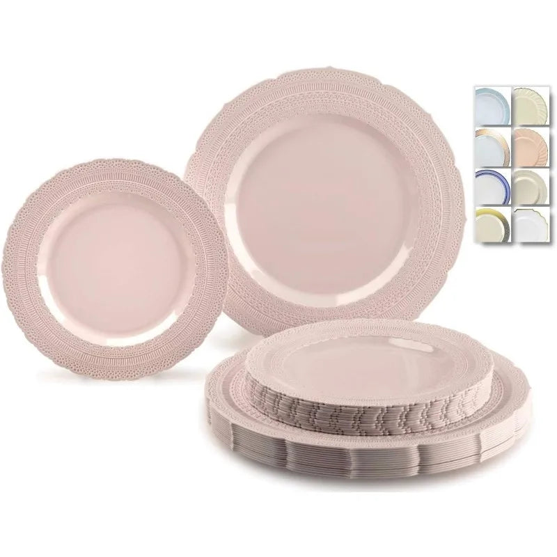 240 Plates Pack,(120 Guests) Extra Heavyweight Vintage Wedding Disposable/Reusable Plastic Plates