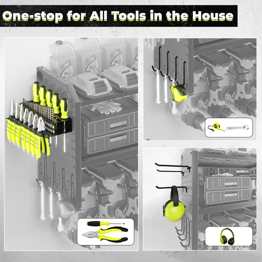 Power Tool Organizer,Large 8 Drill Holder Wall Mount with 2 Side Pegboards,Metal Tool Shelf/12 Hooks