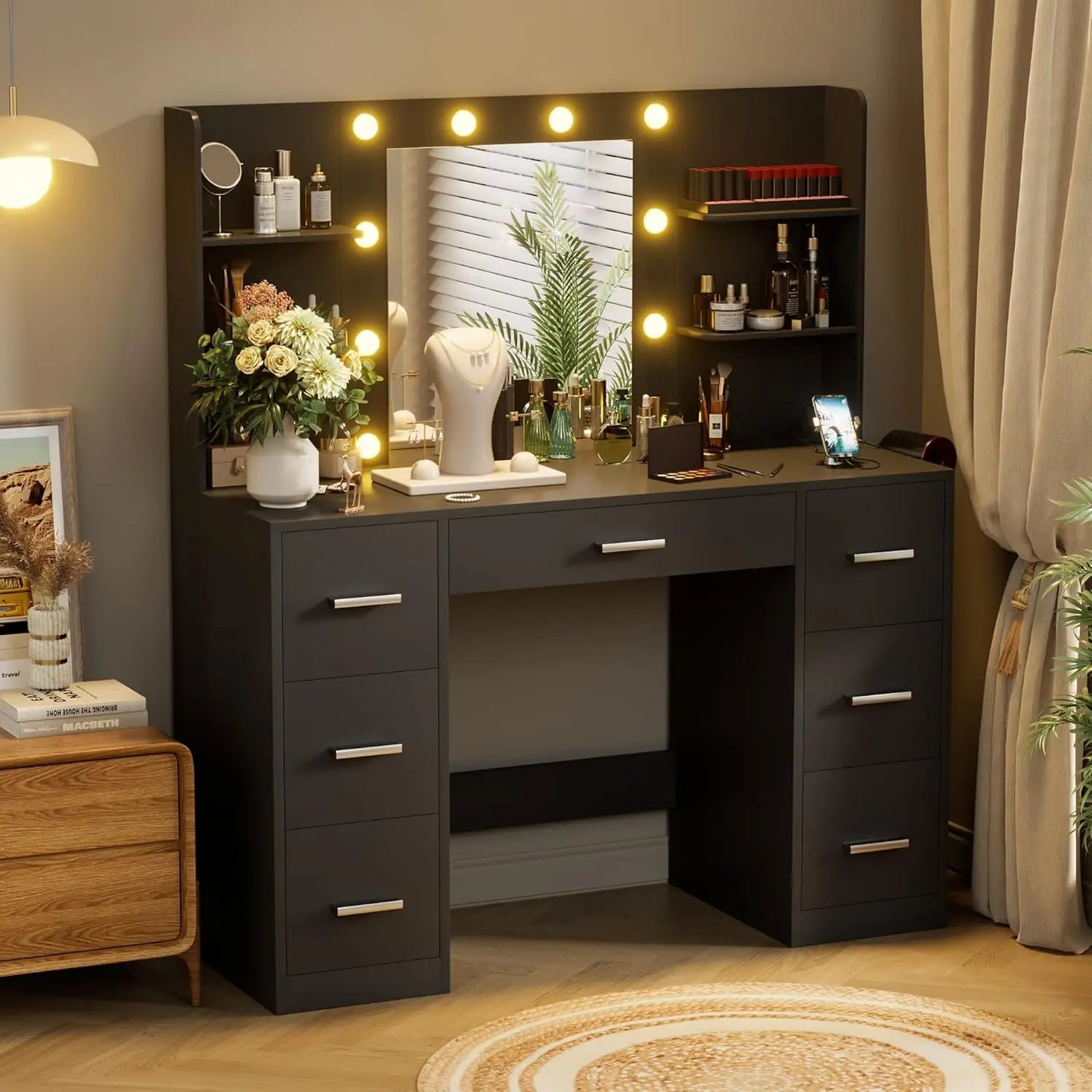 Vanity Desk with LED Lighted Mirror&Power Outlet, 3 Model Lights w/ 7 Drawers and 6 Storage Shelves