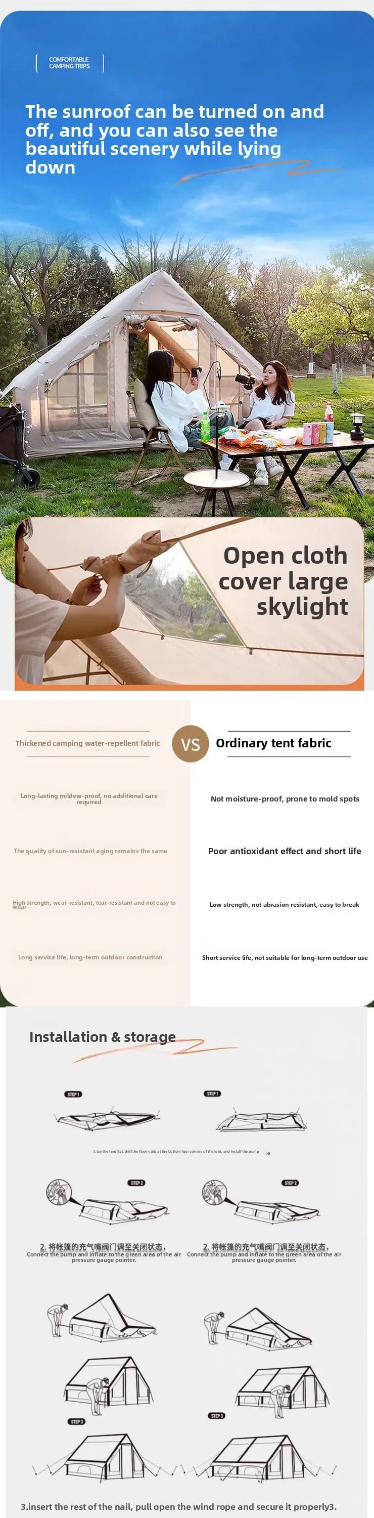 Inflatable tent camping for 1-6 people, hand pump inflation tent, w/skylight and chimney waterproof