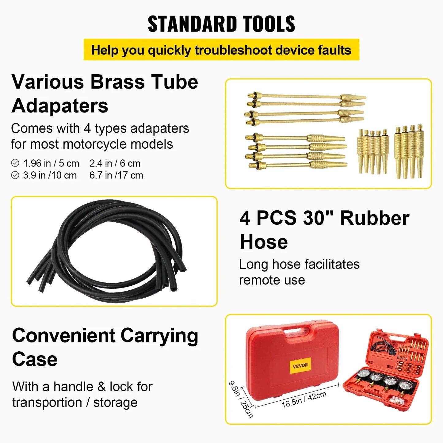 Vevor Fuel Vacuum Carburetor Synchronizer Tools/4 Gauge Set/Rubber Hose/Vacuum/Kit For Motorcycle