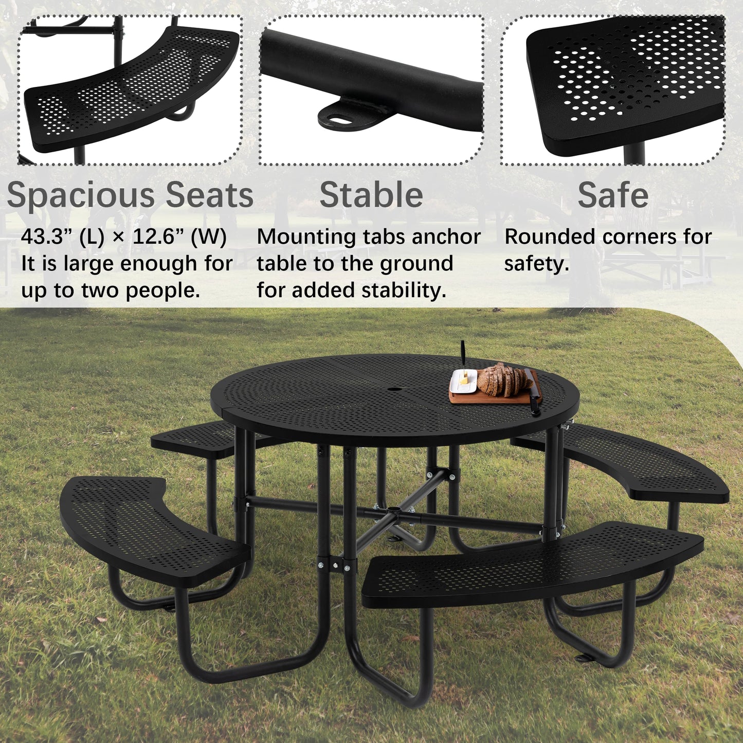 LZBEITEM Round Metal Picnic Table with Umbrella Hole, 46" Steel Portable Picnic Table Courtyard BBQ