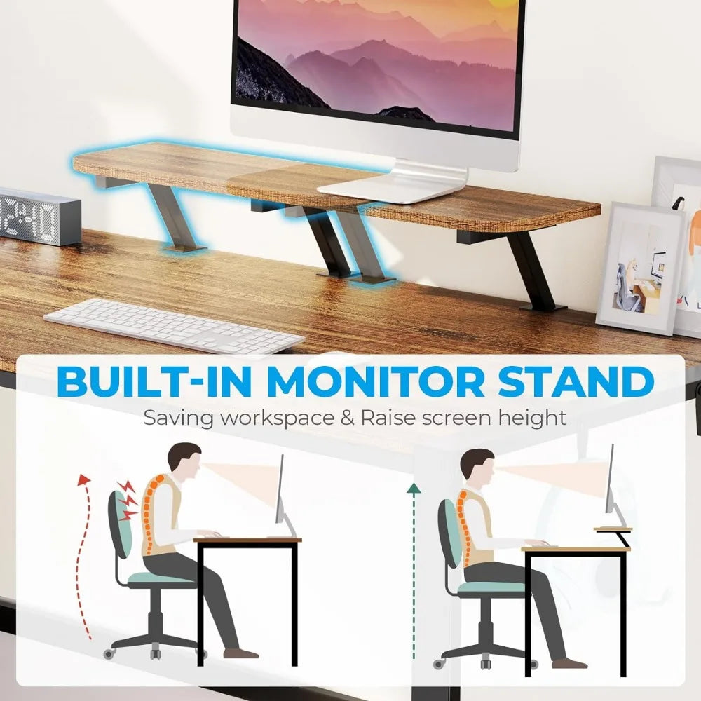 Computer Desk 67 inch Large Study Writing Table with Movable Monitor Stand and 2 Headphone Hooks