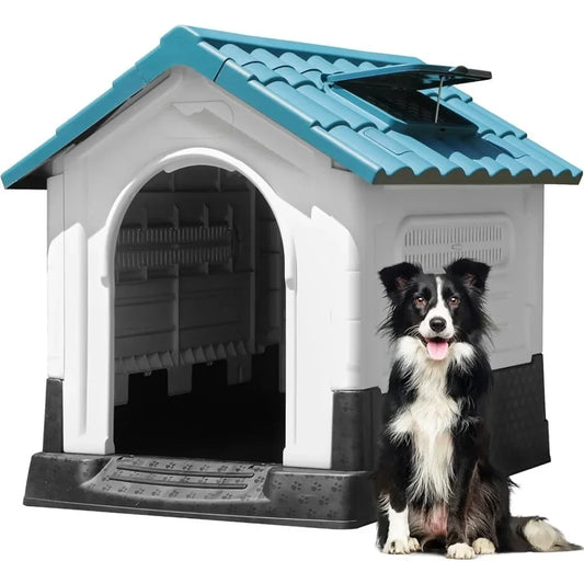 Folding outdoor plastic dog house w/ adjustable skylight & elevated base, small to medium sized dogs