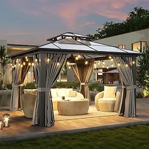 12'x10' Hardtop Gazebo, Aluminum Frame Permanent Pavilion with Curtains and Netting, Polycarbonate