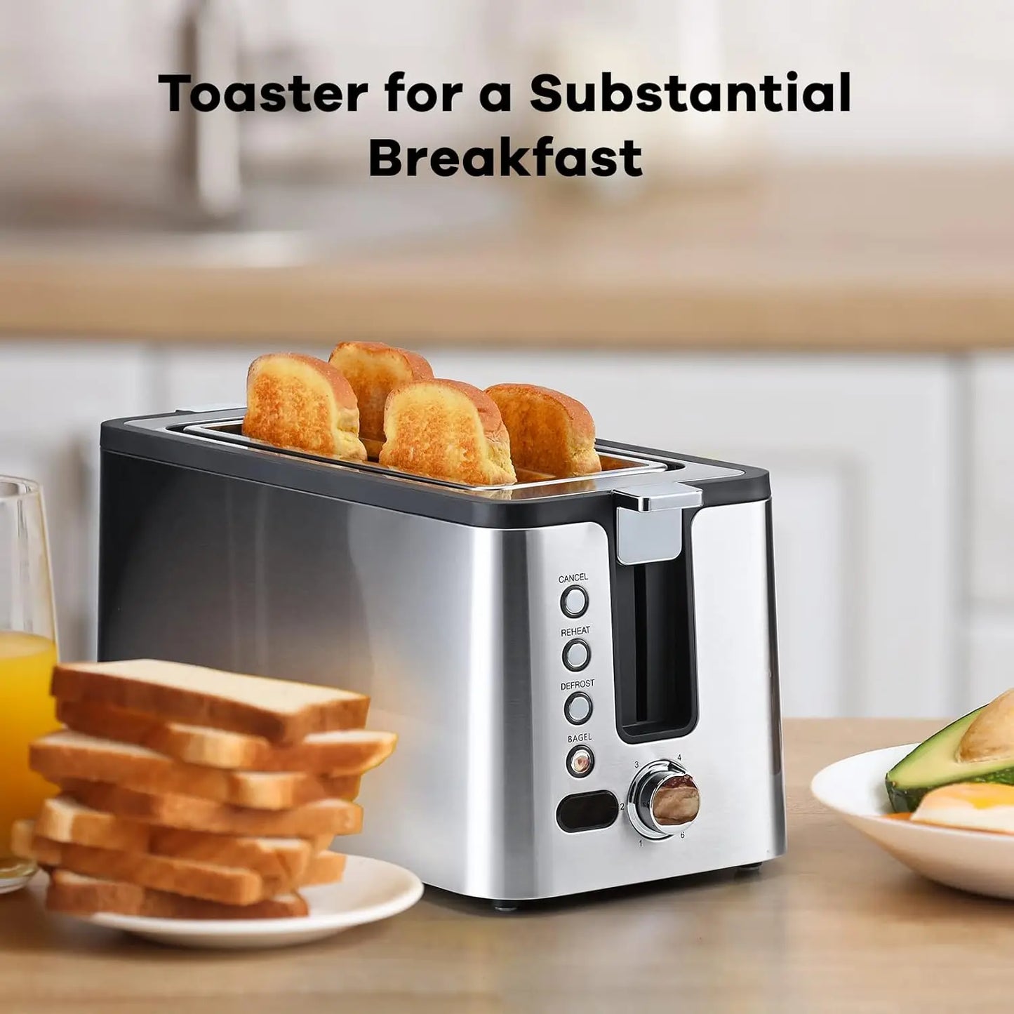 4 Slice Toaster, Long Slot Toaster With Countdown Timer, Bagel/Defrost/Reheat/Cancel,Warming Rack