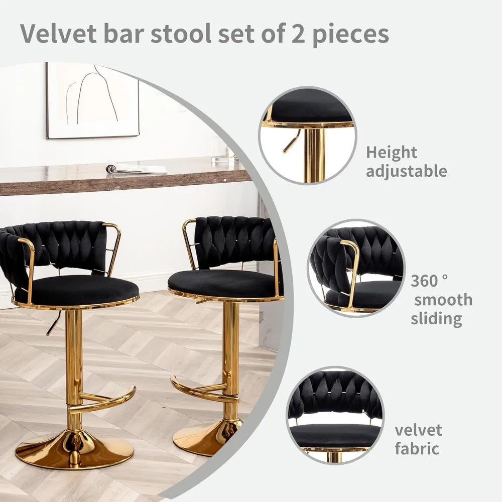 Gold Bar 4 Stools, Counter Height Bar Stools w/Low Back, Velvet Adjustable Height Barstool 360°