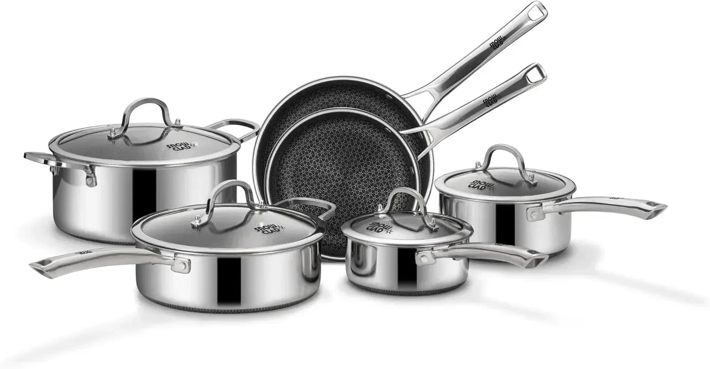10 Pcs Hybrid Stainless Steel Cookware Sets, Non Stick Frying Pans, Saucepans, Saute Pan & Stock Pot