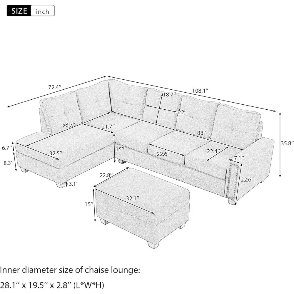 L Shape Modular Storage Ottoman & Chaise, Comfy Oversized Corner Sofa Cup Holder,Fabric