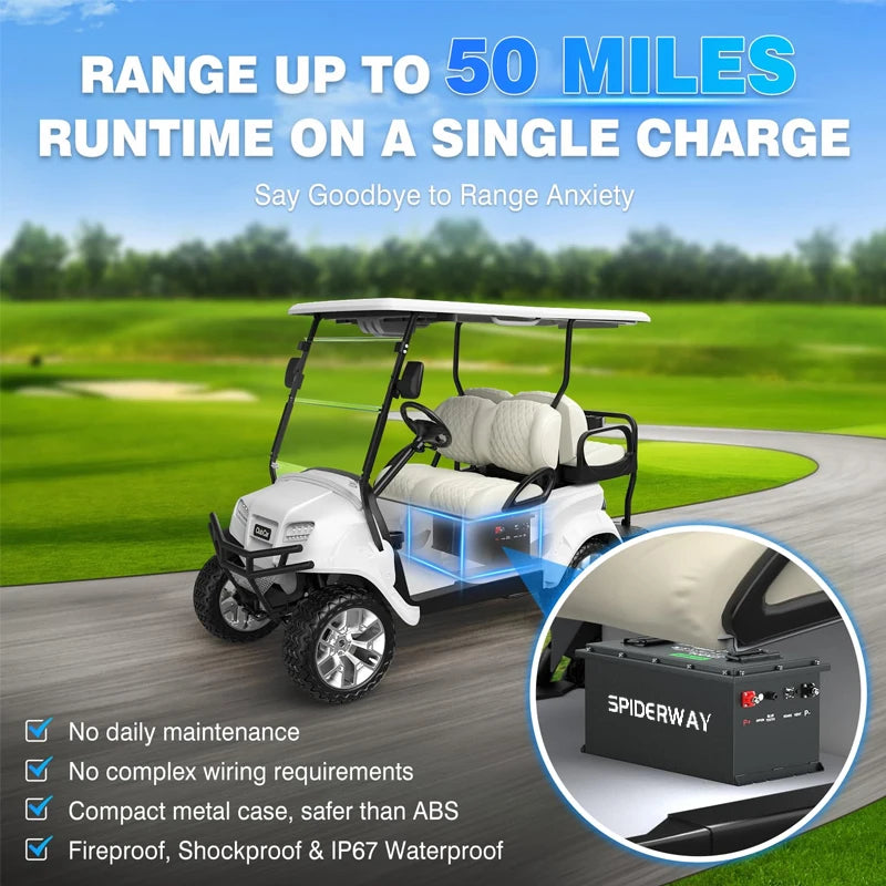 48V 105Ah LiFePO4 Lithium Ion Battery Golf Cart Built-in Smart 200A BMS 6000+ Cycles 12.8kW Replacement for Lead-Acid Batteries