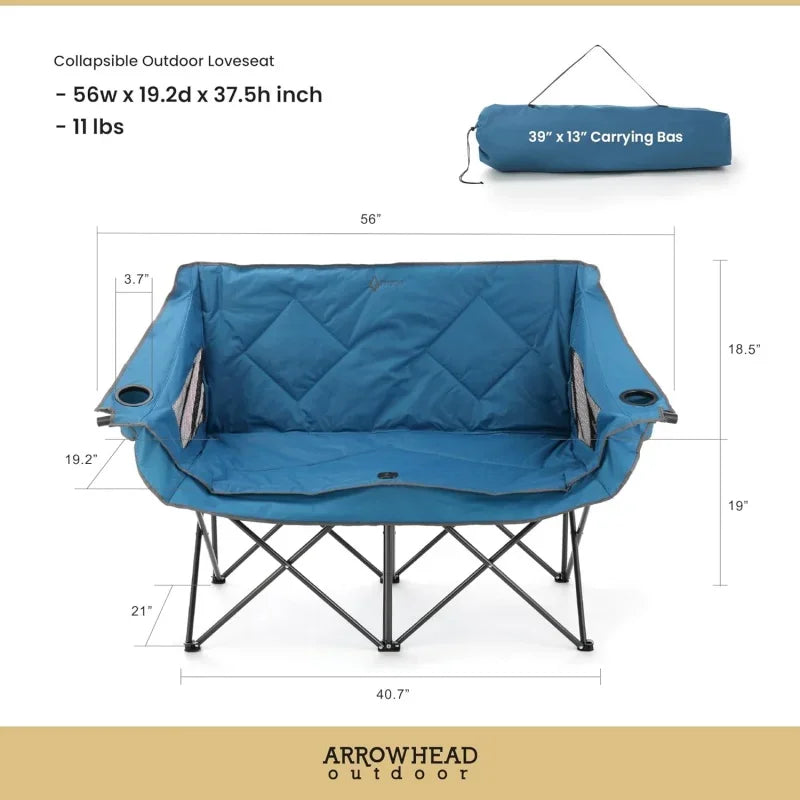 Arrowhead Outdoor Portable Folding Double Camping Chair Loveseat w/ 2 Cup & Wine Glass Holder