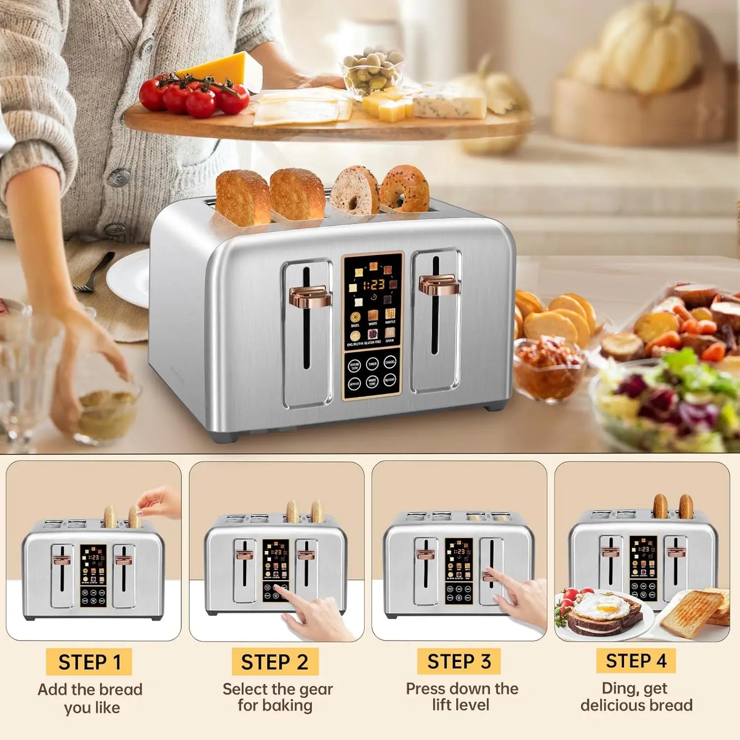 Stainless Toaster LCD Display & Touch Buttons, 6 Bread Selection, 7 Shade Settings, 1.5''Wide Slots