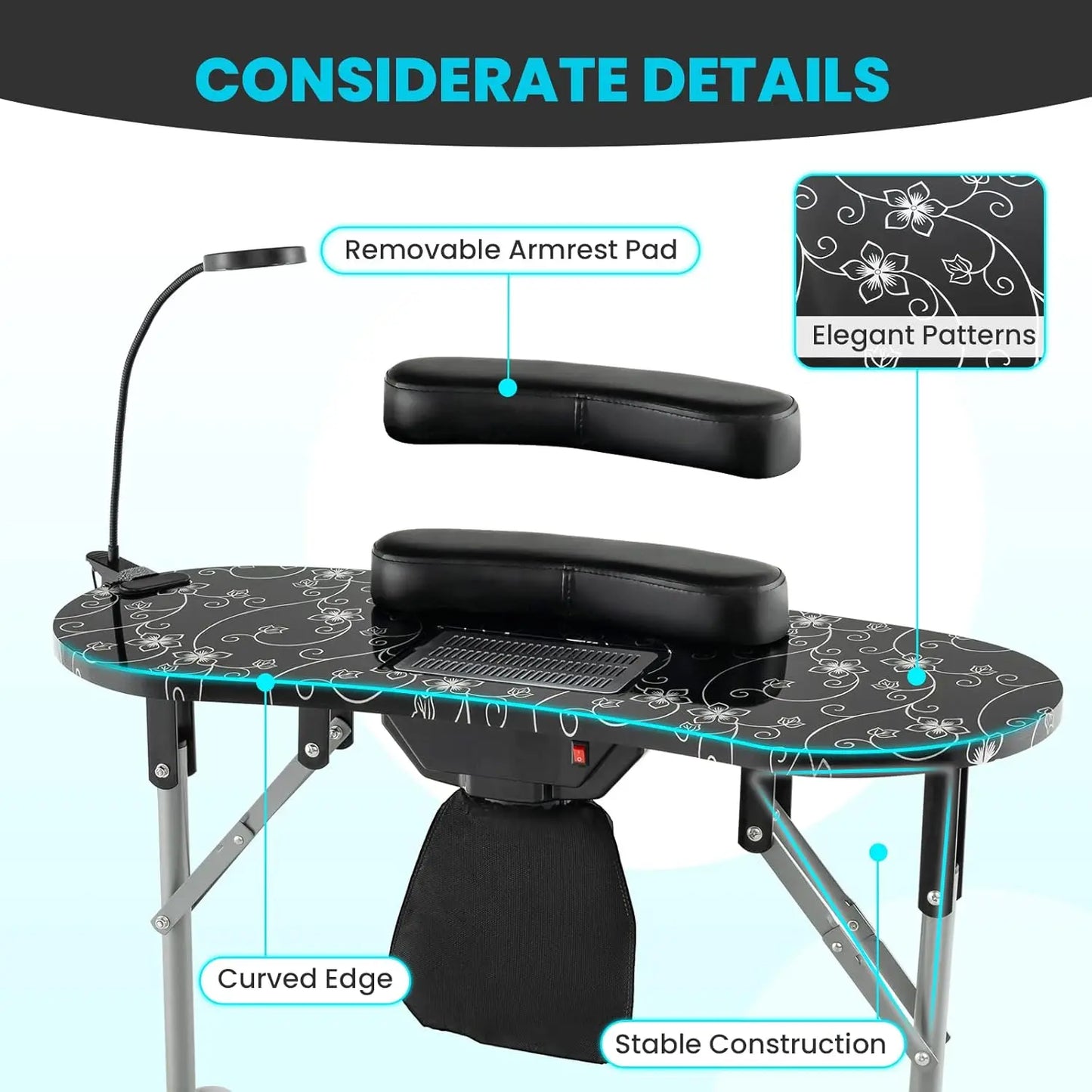 Portable Nail Table, Foldable Nail Technician Desk w/Electric Dust Collector, Bendable LED Lamp