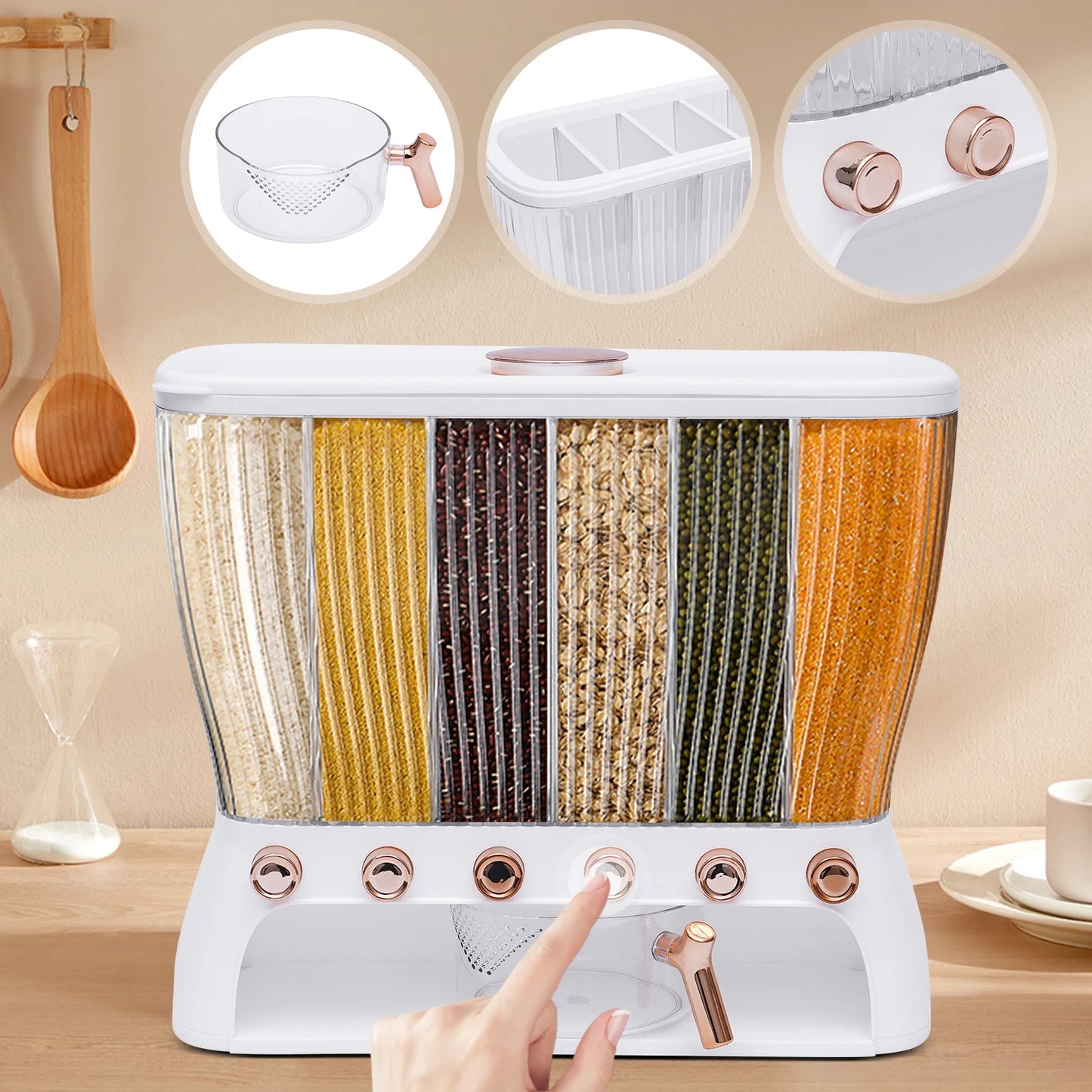 Multigrain Tank 6 Grid Rice Storage Container Dry Food Dispenser Grain Dispenser with Measuring Cup