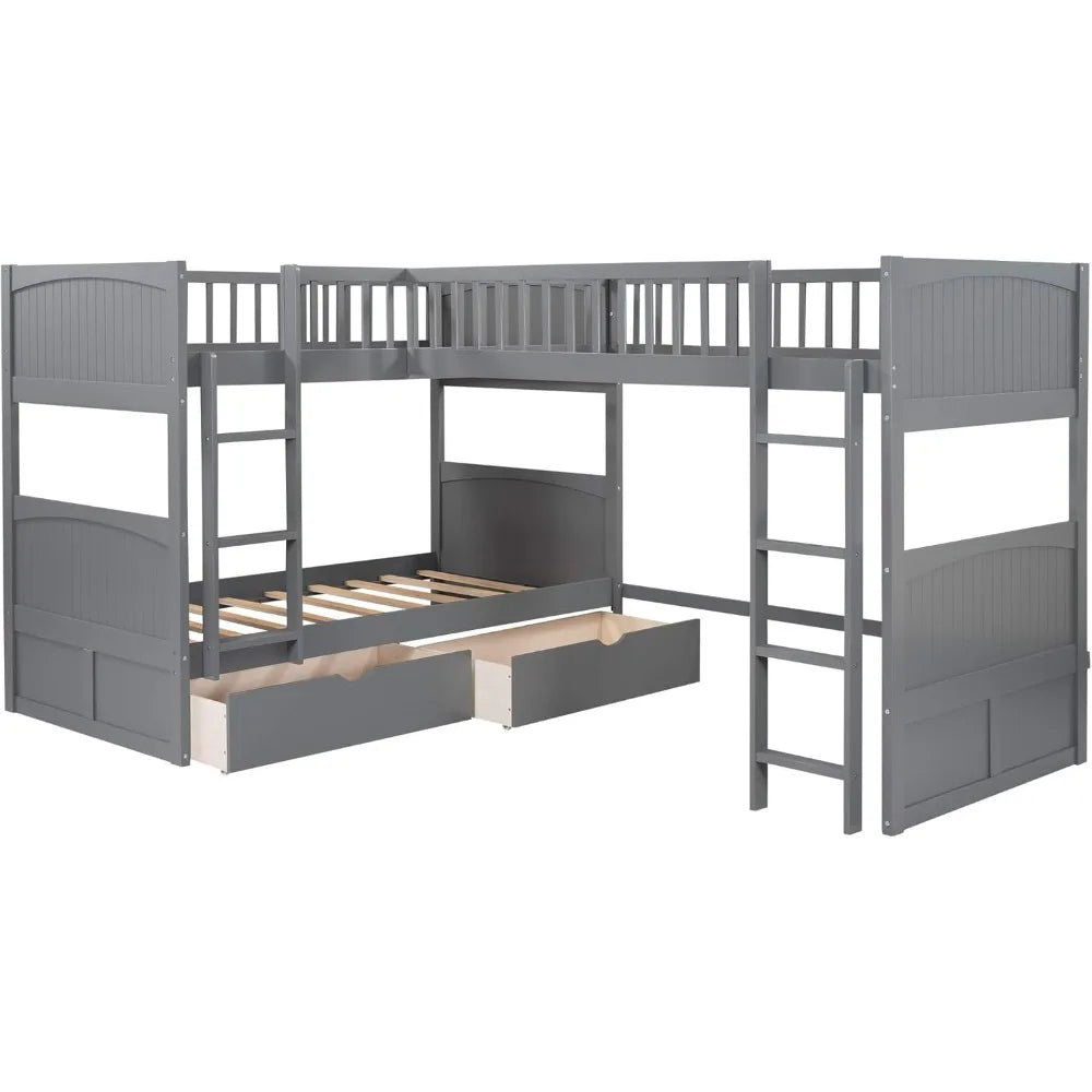 Size Bunk Bed/Loft Bed w/2 Drawers, L-Shaped Corner Triple Bunk Bed, Twin-Over-Twin Bunkbeds' (Grey)