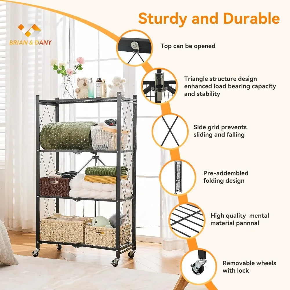 BRIAN & DANY Metal Storage Shelves - 4 Tier Shelving Unit, Folding Display Shelf Racks No Assembly