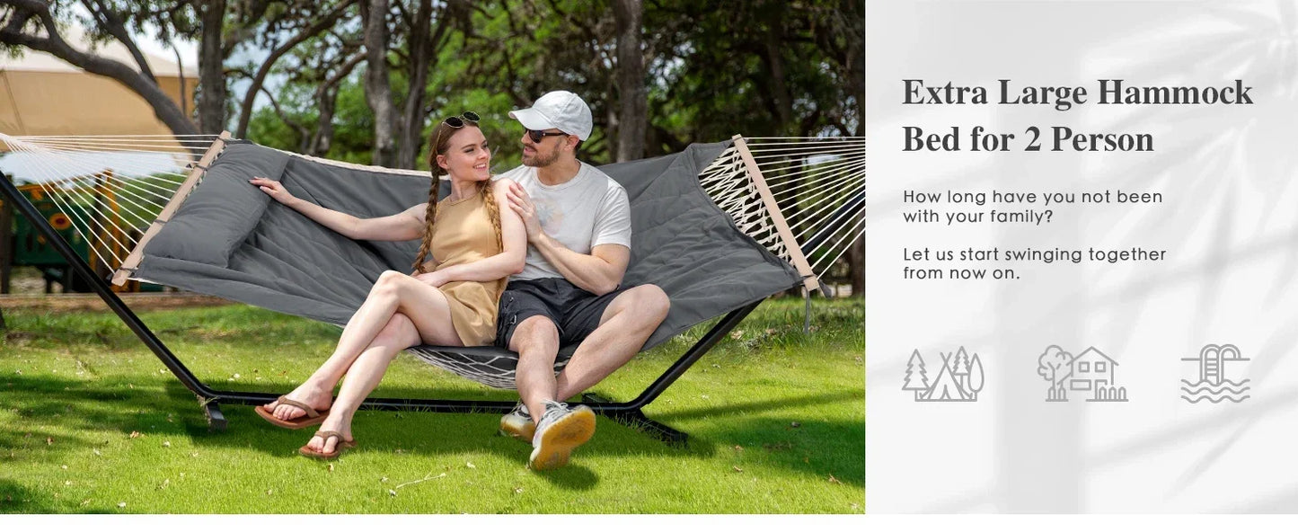 Double Outdoor Hammock with Stand, Two Person Cotton Rope Hammock with Polyester Pad, Dark Gray