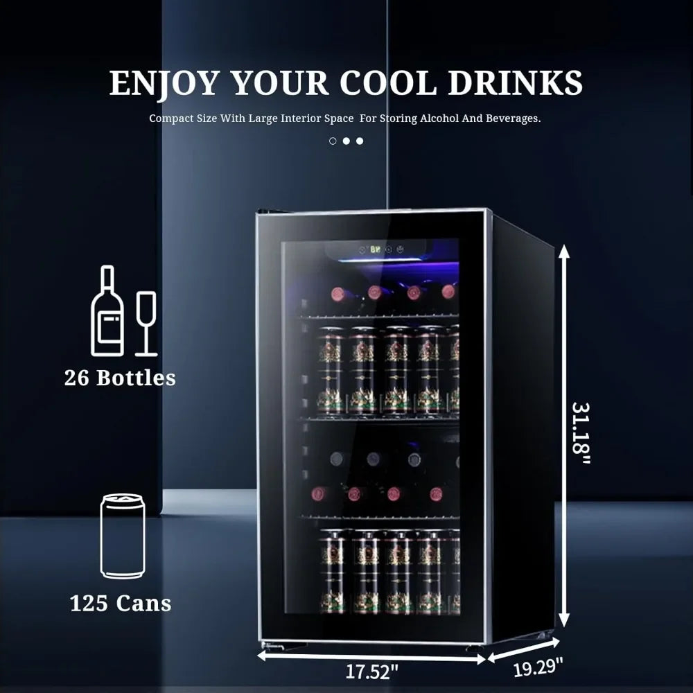 Wine Refrigerator, 26 Bottle 125 Can, Glass Door Quiet Compressor Freestanding, 3.2Cu.ft Mini Fridge