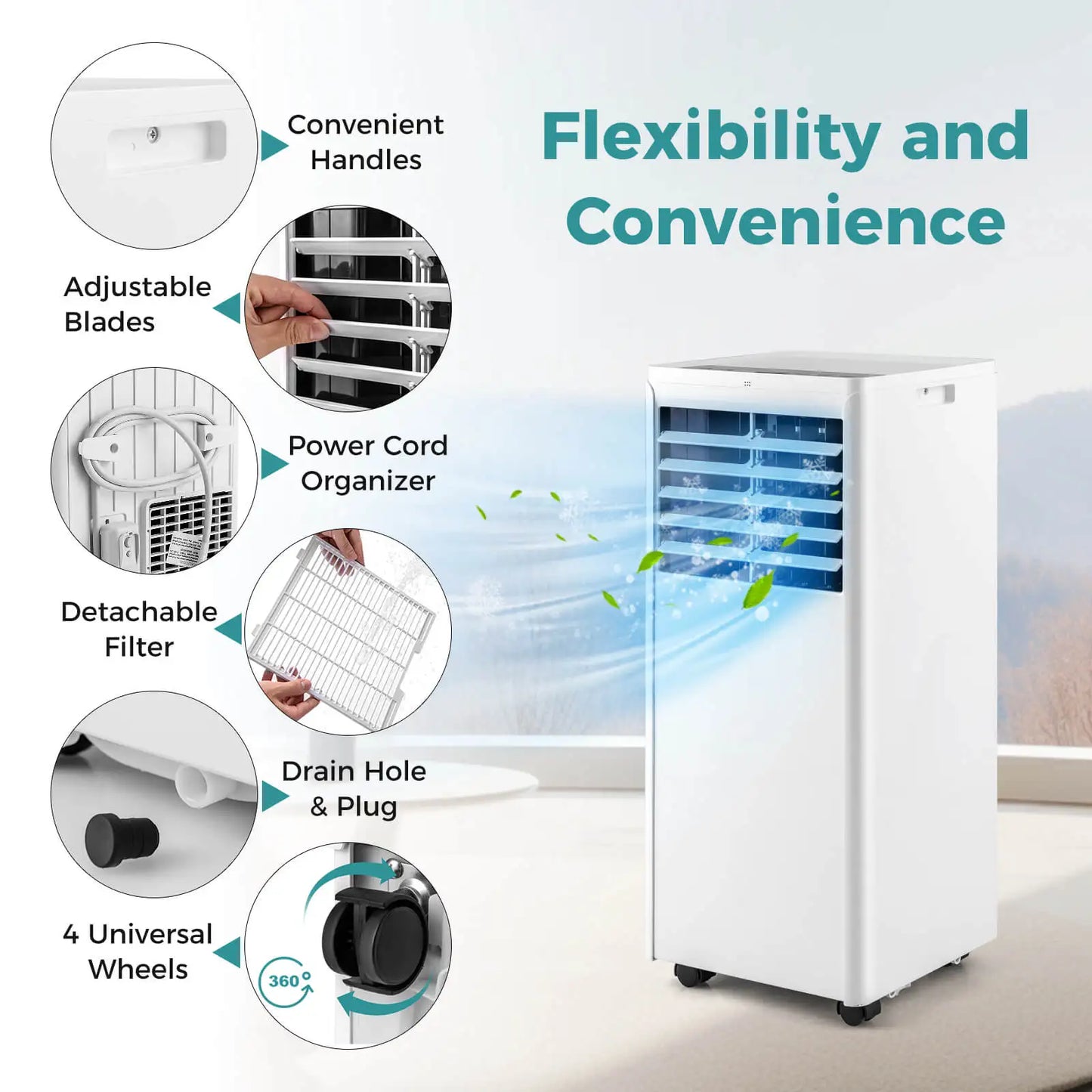 8000 BTU Portable Air Conditioner with Dehumidifier & Fan Sleep Mode & 24H Timer