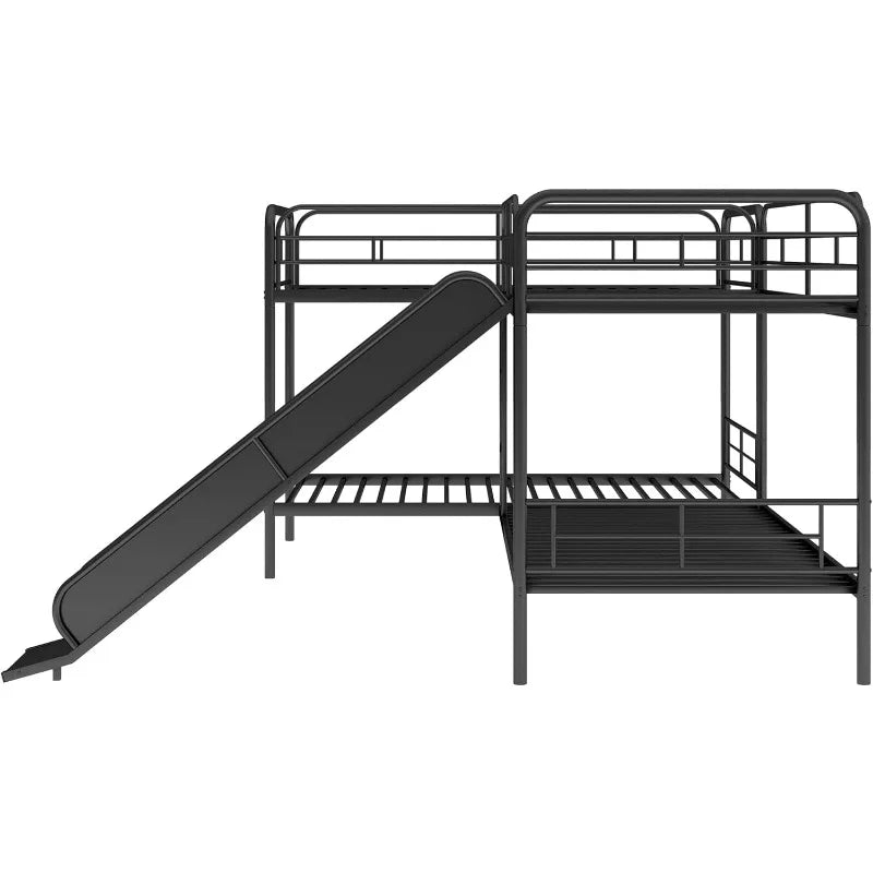 Triple Bunk Beds with Slide, L-shape Twin Over Full Bunk Bed Attached a Loft Bed with Desk