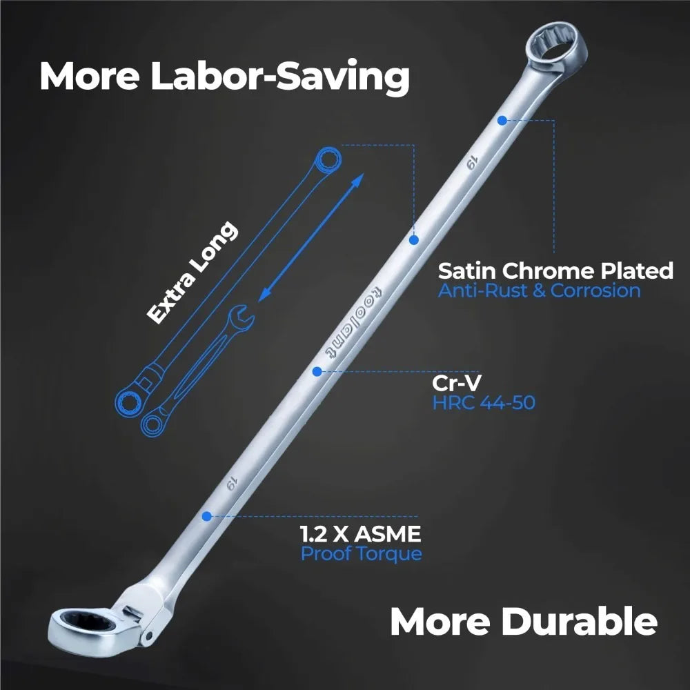 NEW-Extra Long Ratcheting Wrench Set, Flex Head & Fixed Offset Head Double Box End Combination, CR-V