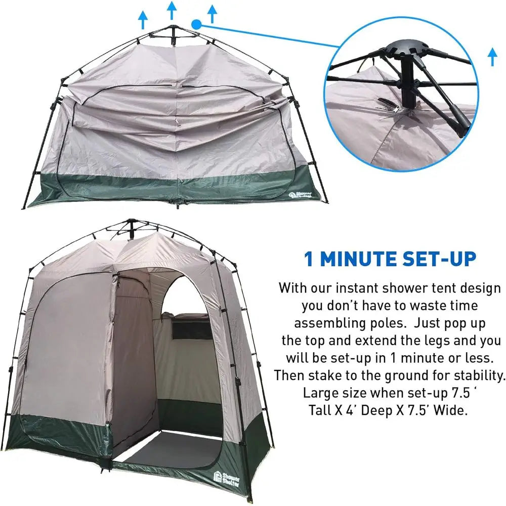 Portable Outdoor Pop-Up Shower Tent with Changing Room - 2-Room Enclosure - 7.5' x 4' x 7.5', Green