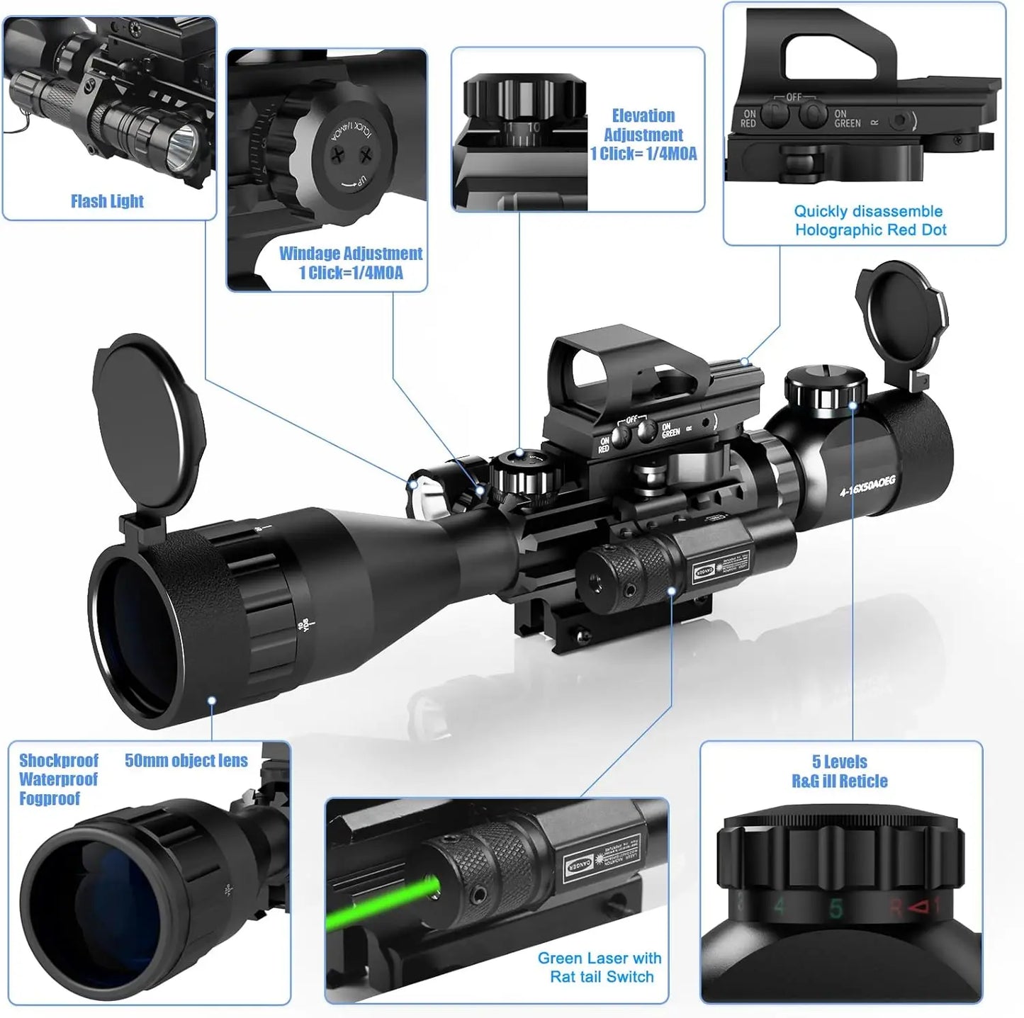 Dual Illuminated with Green Laser 4 Holographic Reticle Red Dot 5Modes Flashlight for Rail