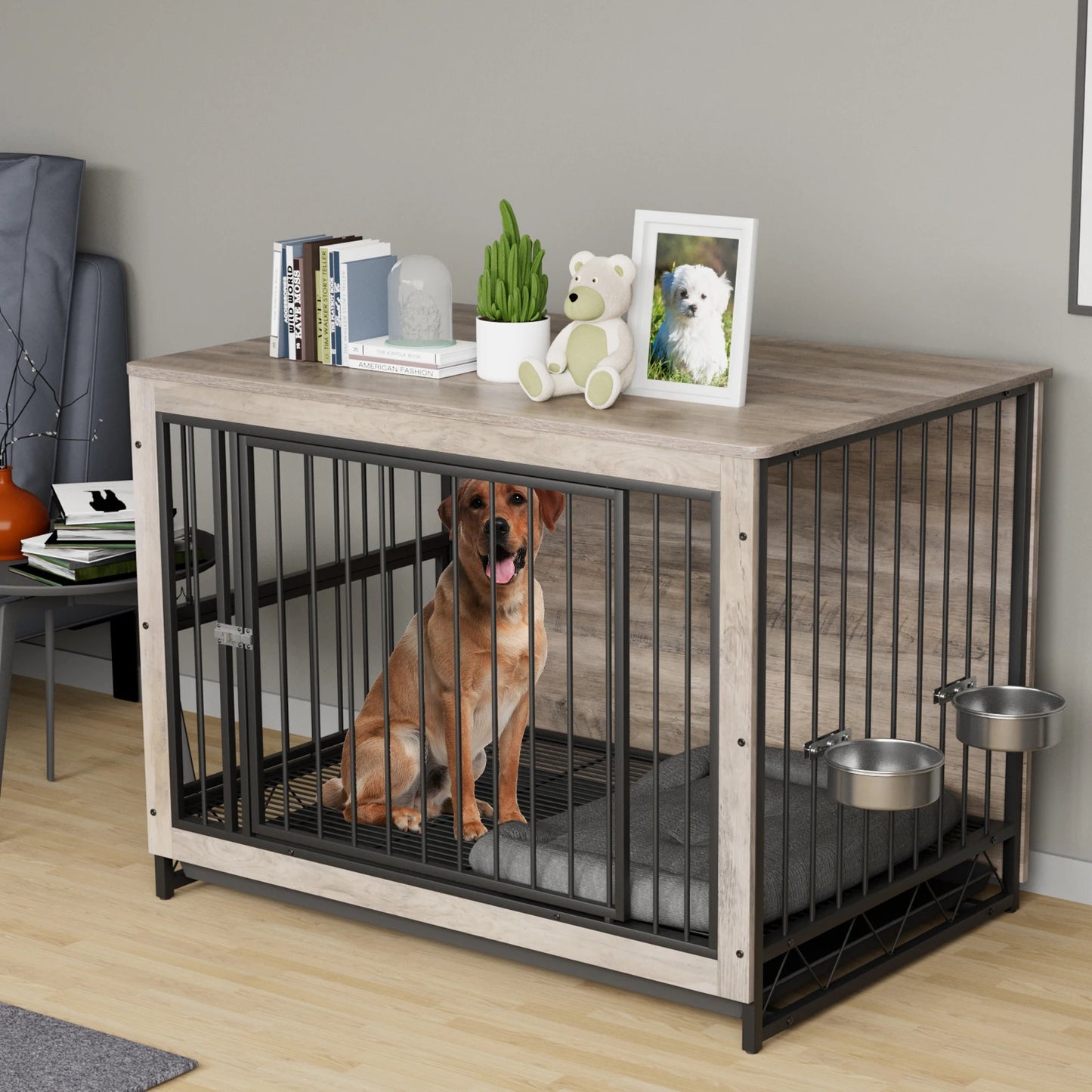 Furniture Style Dog Crate,Wooden Heavy Duty/ Raised Feeder/Dogs 2 Stainless Steel Bowls Brown/Gray