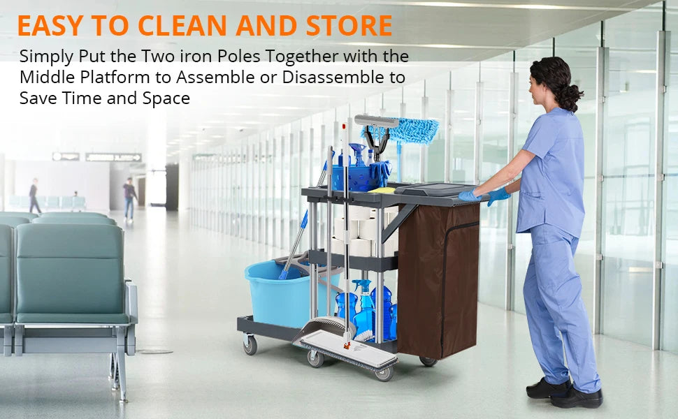 Cleaning Janitorial Cart On Wheels,25 Gallon Vinyl bag, Extra-Large Front Platform,Heavy-Duty