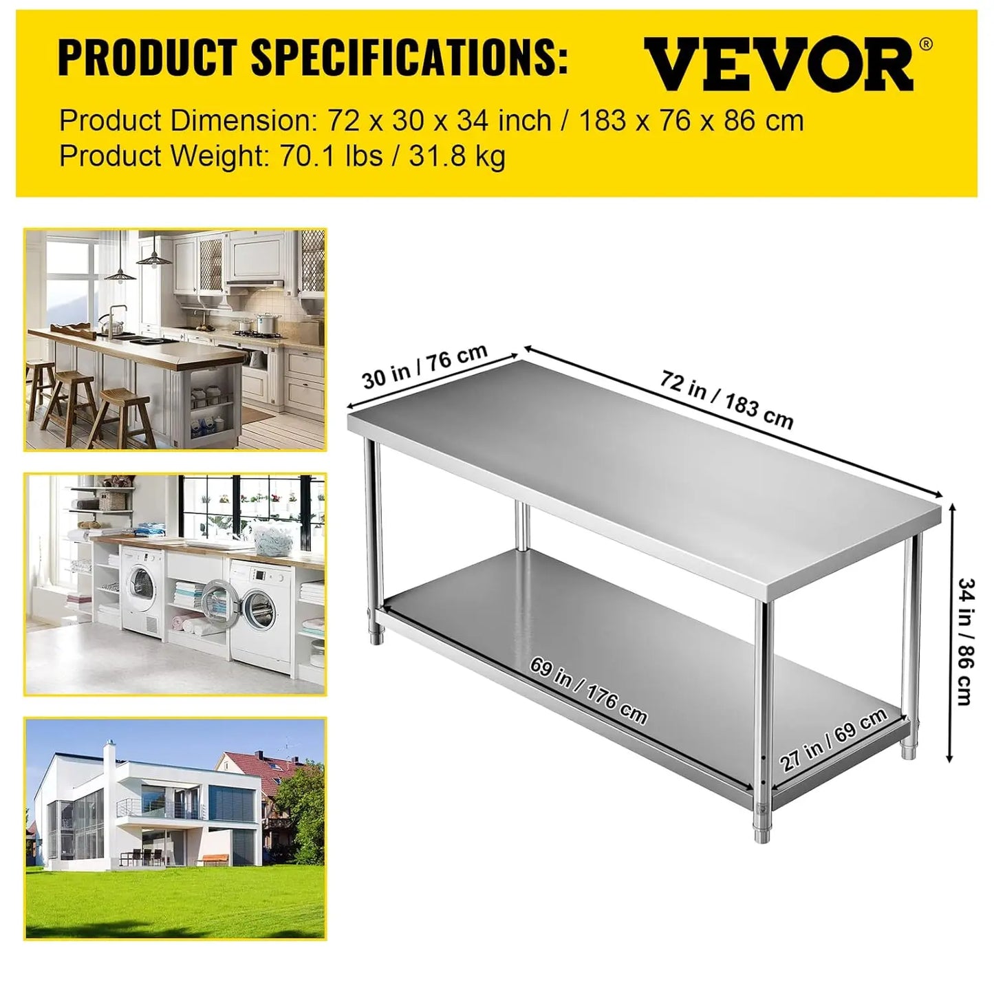 Stainless Steel Prep Table, 72 x 30 x 34 Inch, 550lbs Load Capacity Heavy Duty Metal Work Table