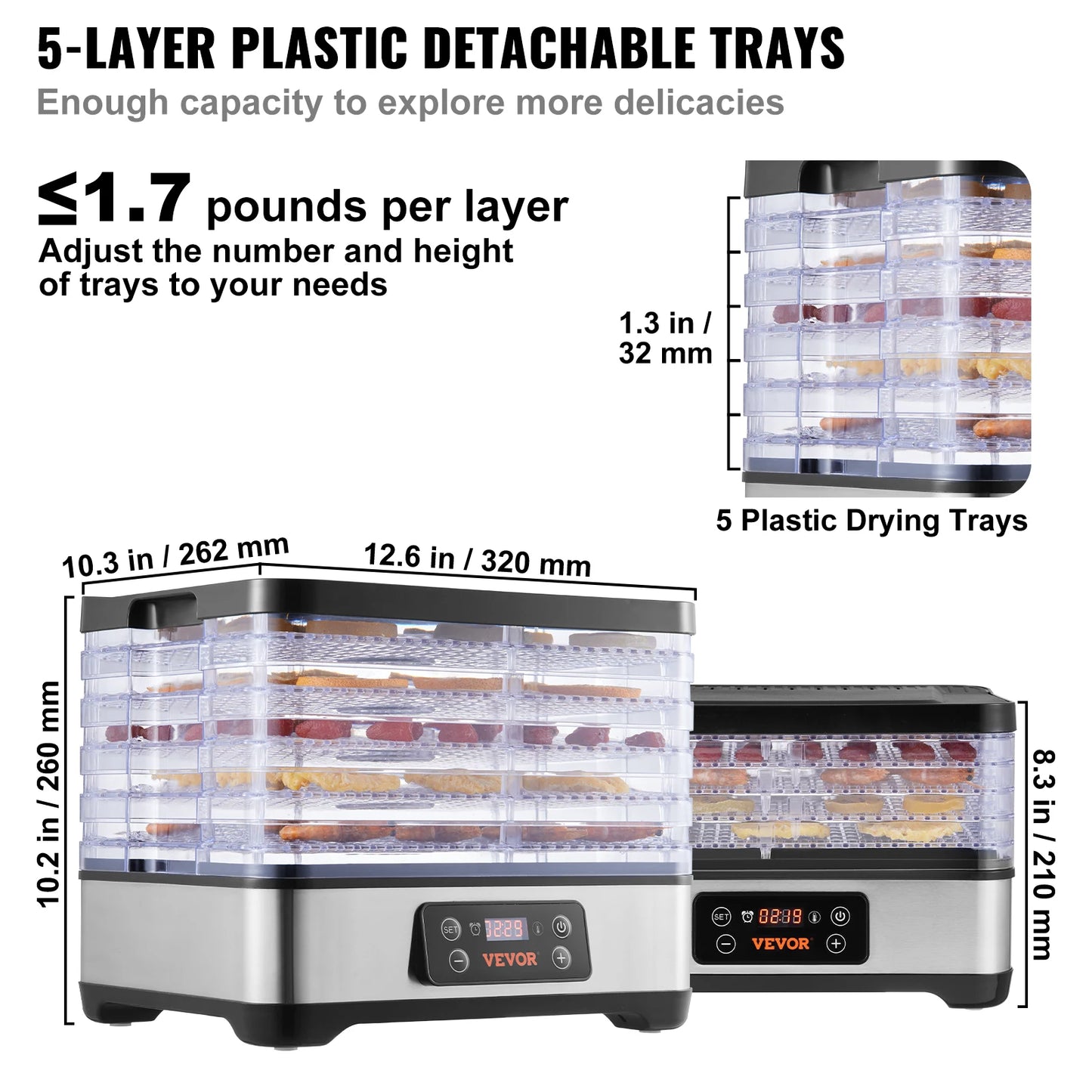 SucceBuy 5 Tray Food Dehydrator Machine 300W Stainless Steel Electric Food Dryer/Digital Adjustable