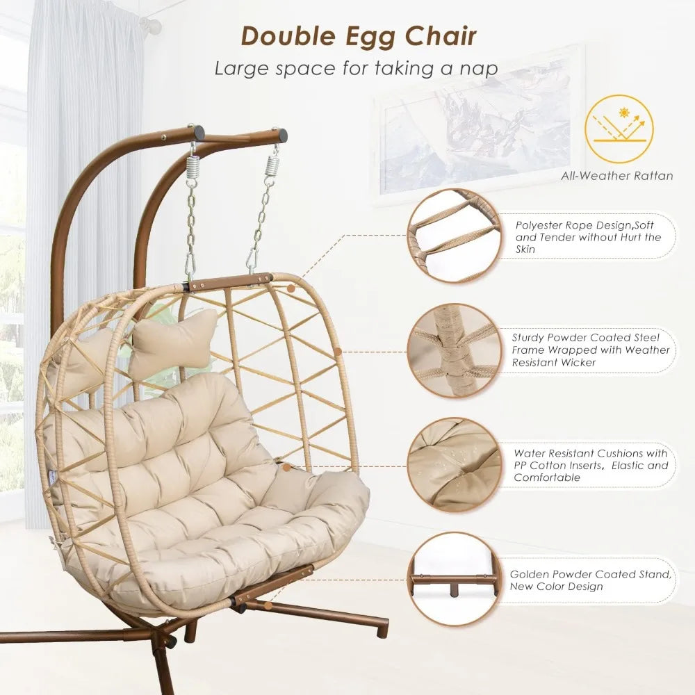 Double Swing Egg Chair with Stand Large 2 Person Indoor Outdoor Wicker Patio Twins Basket Chair