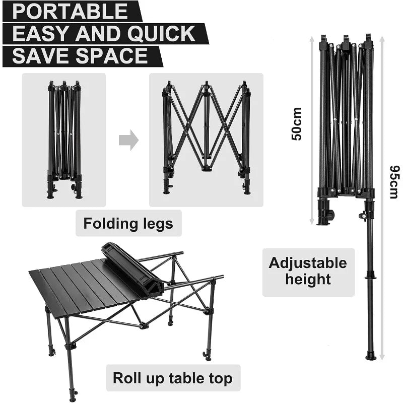 Camping Table w/ Storage Basket Foldable Picnic Table/Outdoor Indoor Adjustable Height 1.7-3ft BBQ